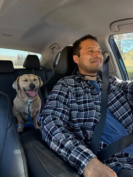 man driving with dog in backseat happy 