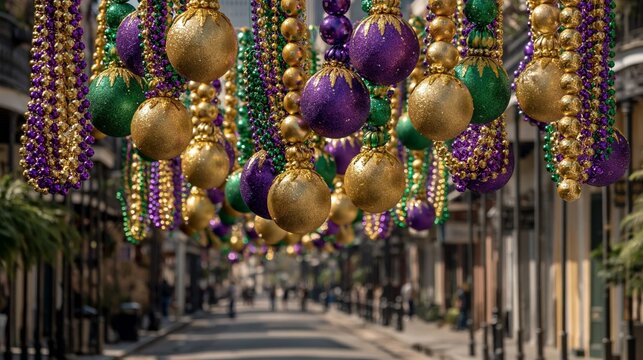 Colorful beads hang festive background above a lively street scene.