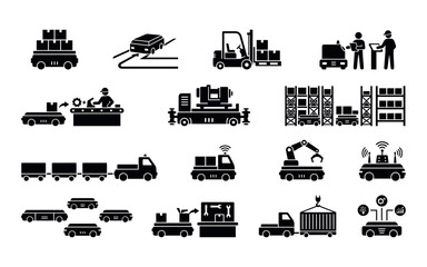 Obraz premium Industrial logistics and transportation icons set in black silhouette