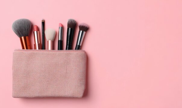 Textured pink makeup bag containing assorted cosmetic brushes and lipstick on pink background with cosmetics lipstick accessory feminine application professional minimalist arrangement