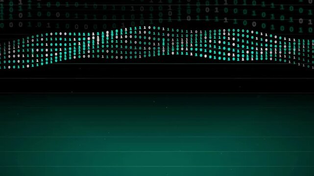 Abstract Digital Data Stream with Flowing Binary Code Waves on Dark Green Background