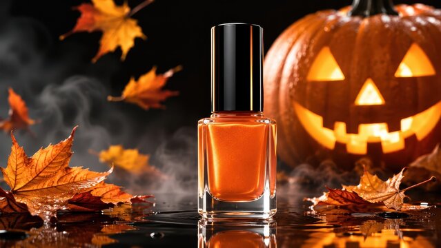 Halloween Orange Nail Polish Bottle with Jack O Lantern and Autumn Leaves