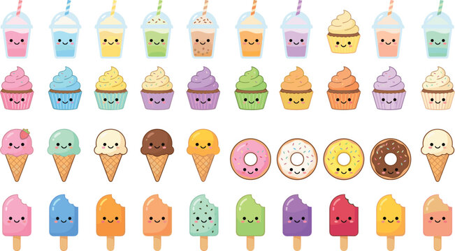 Cute Kawaii Dessert Pattern Set with Bubble Tea Cupcake Ice Cream Cone Donut and Popsicle Vector Illustration Collection