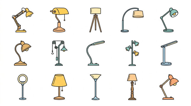 Colorful collection of modern desk lamps illustrated.