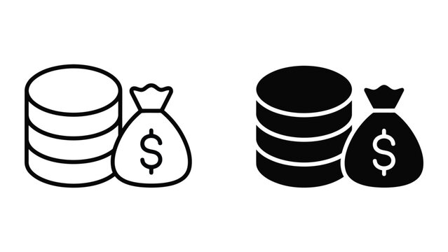 Money bag and coin stack icon set for banking finance and currency savings