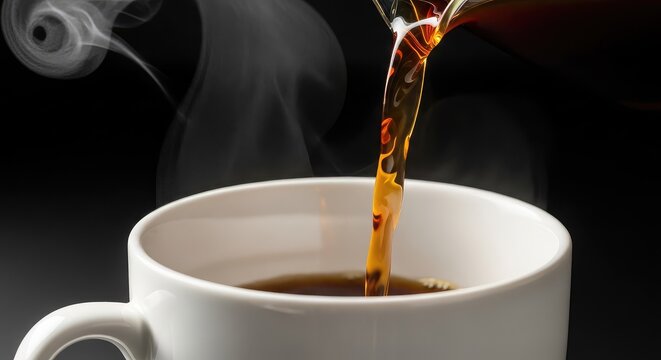 A close-up shot of a dark stream of hot coffee pouring from a glass carafe into a white ceramic mug, creating ripples and wisps of steam, table, still life, espresso