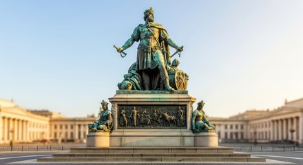Obraz premium A detailed bronze statue stands as a historical monument in an old city square, featuring intricate carvings and a textured stone base, urban, carving, patina