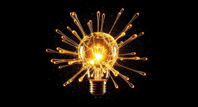 A dramatic explosion of a light bulb with glowing yellow glass shards bursting outward, symbolizing a powerful surge of creative energy, concept, flying, electrical
