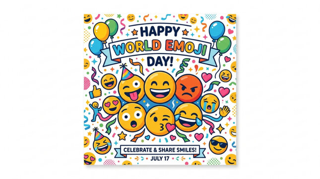 Happy World Emoji Day illustration collection of diverse smiley faces and symbols perfect for social media and celebration gr