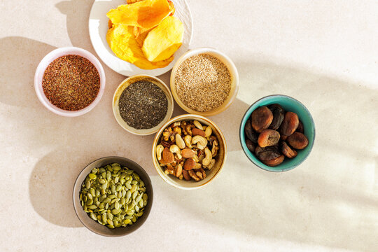 Variety of seeds and nuts and dried fruits