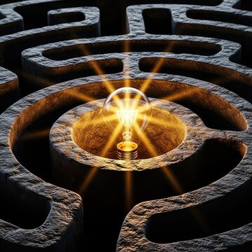 A glowing glass light bulb shines brightly inside a complex dark stone labyrinth, casting golden rays across the shadows of the maze walls, glass, thought, vision