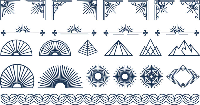 Abstract vector line illustration set with vintage art deco sun and geometric elements.