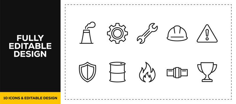 flat vector illustration line art icon bundle set design highlighting mechanical engineering fixing gears safety hardhats danger caution warnings and repairs graphics UI