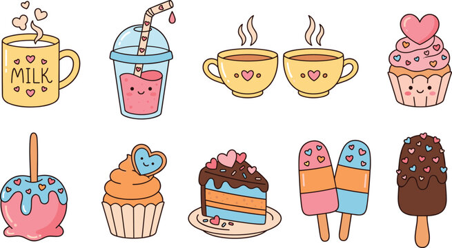 Cute Valentine Dessert Set with Milk Mug Bubble Tea Coffee Cup Cupcake Candy Apple Cake and Popsicle Vector Illustration