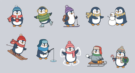 Obraz premium Cute winter penguin character collection with doodle style illustrations of penguins skiing, ice fishing, ice skating, sledding, and making a snowman on a grey background.