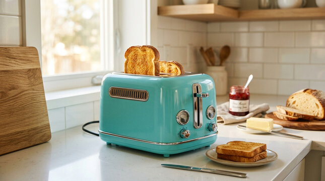 Retro teal toaster with toasted bread on kitchen counter