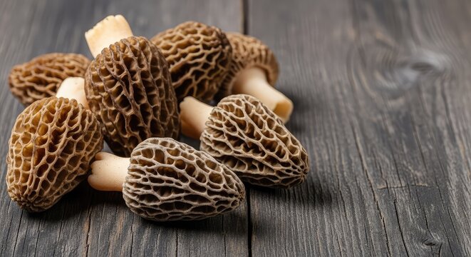 A group of fresh morel mushrooms rests on a dark weathered wooden surface, highlighting the unique honeycomb texture of these forest finds, shadow, fungi, food