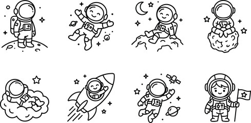 Cute Astronaut Line Icon Set with Cartoon Cosmonauts Rocket Ship Stars and Planets for Kids Outer Space Designs © Taijul