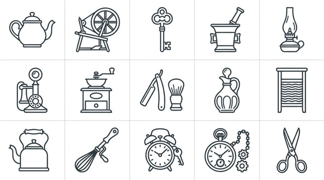 Vintage Line Art Collection of Antique Household Items.