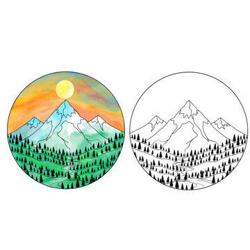 Hand drawn watercolor mountain landscape badge vector set