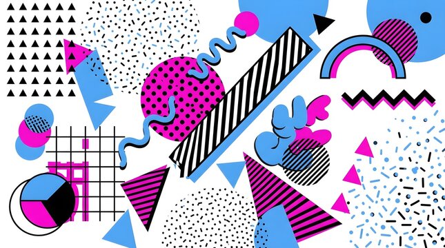 Vibrant 1980s Memphis-style seamless pattern with bold geometric shapes, striped bars, colorful circles, triangles, waves, squiggles, dots, grids, and lively pink, cyan, blue, purple, black, and white