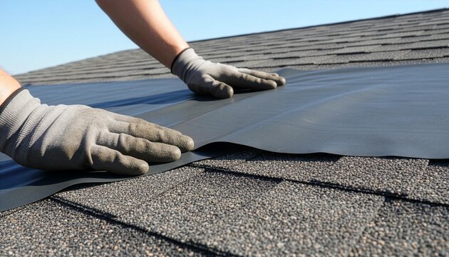 Close up of a roofer wearing grey work gloves installing a waterproof underlayment membrane or rubber barrier over asphalt shingles on a residential house roof. Construction service.