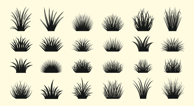 Large collection of twenty-four black grass tuft silhouettes is presented on a pale yellow background.