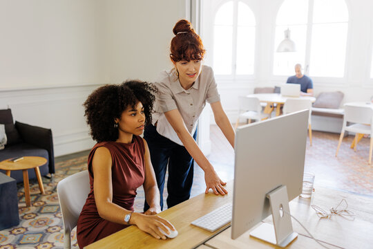 Female colleagues discussing new business project at desk