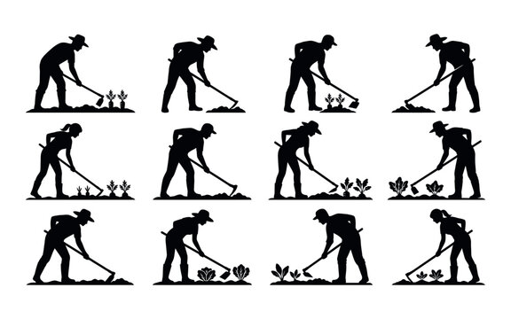 Labor day farmers working in field silhouettes with gardening tools silhouette