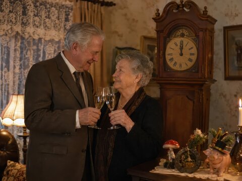 &Auml;lteres Paar st&ouml;&szlig;t kurz vor Mitternacht mit Sekt an, begleitet von Standuhr, Gl&uuml;cksschwein und nostalgischer Dekoration &ndash; ein traditioneller Silvestermoment in Deutschland.