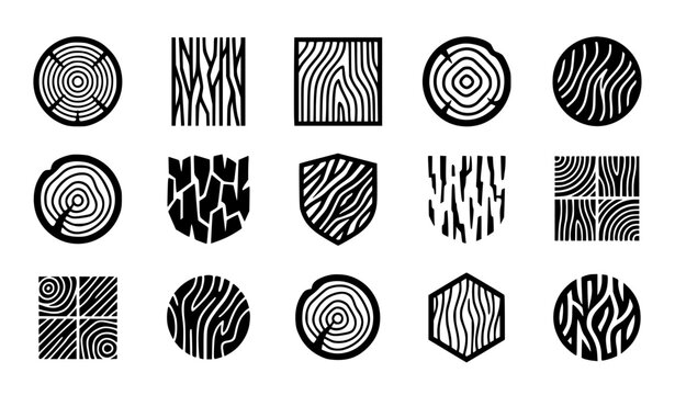 Modern abstract generic wood grain symbol vector clipart set with minimalist clean outline unbranded carpentry brand tree bark log monogram and cosmic forestry logo graphics black and white