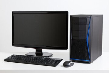 Fototapeta premium The Desktop Computer Setup with Monitor, Tower, Keyboard, and Mouse on Desk