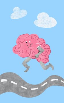 Brain character doing exercise outside