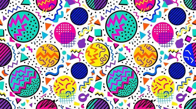 Bright retro Memphis-inspired pattern with oversized patterned circles, colorful dots, zigzags, squiggles, stars, triangles, and lively pink, teal, yellow, orange, blue, black, and white abstract grap