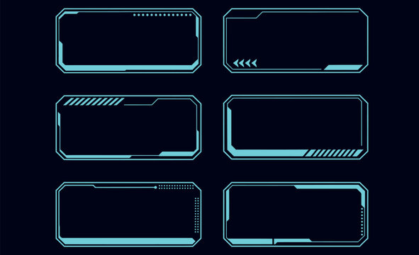 Set of six futuristic digital HUD interface frames with glowing blue neon technological borders.