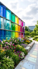 Obraz premium Colorful glass wall. Modern building facade. Urban art.