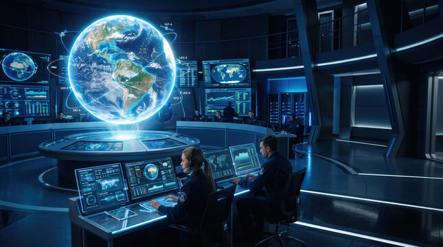 Advanced technology displays and a holographic earth in a futuristic control room designed for space exploration
