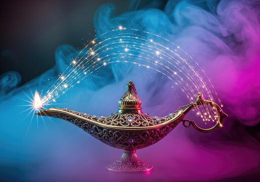 An ornate golden lamp sits amidst shimmering magical smoke and sparkling light trails, capturing the moment of a mystical wish coming true, destiny, shining, vapor