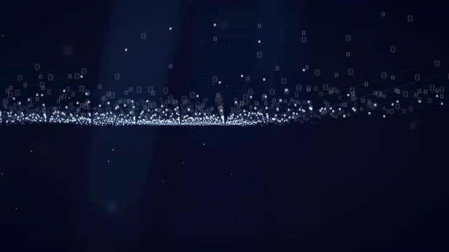 Abstract Digital Data Stream with Glowing Particles and Binary Code on Dark Blue Background