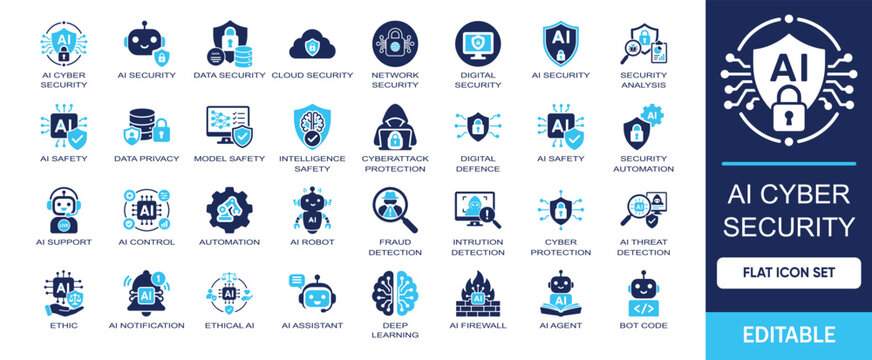 AI Cyber Security editable solid icon set. Includes symbol by ai security, data privacy, digital safety, cyber protection, intelligence safety, cyber attack, alert and more vector icons collection.
