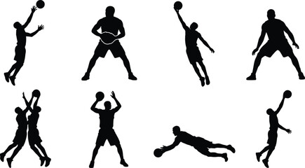 Basketball Player Silhouette Collection Featuring Dribbling Shooting Dunking Rebounding and Defensive Action Poses © boishakhisarker