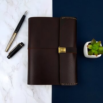 A brown leather journal with a gold clasp sits on a blue and white marble surface.