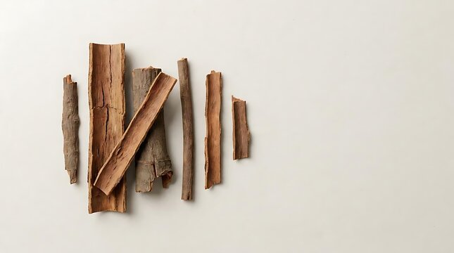 A flat lay top view of dried cinchona bark pieces of various sizes arranged on a clean neutral white background representing traditional medicinal herbs