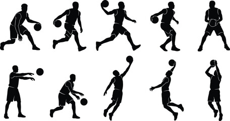 Basketball Player Silhouette Collection with Dribbling Passing Jumping and Shooting Action Poses © boishakhisarker