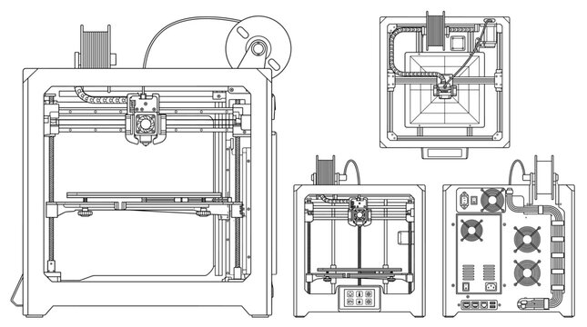 3D printer industrial manufacturing equipment technical drawing blueprint with front side back and top views CAD line art vector illustration