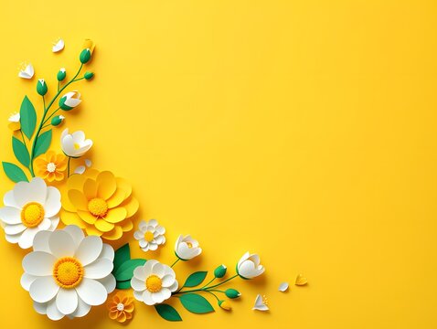 Vibrant yellow background adorned with delicate white flowers and green leaves