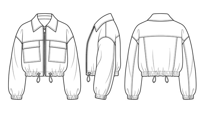 Cropped zip jacket apparel technical drawing blueprint with front back side and sleeve views CAD line art vector illustration