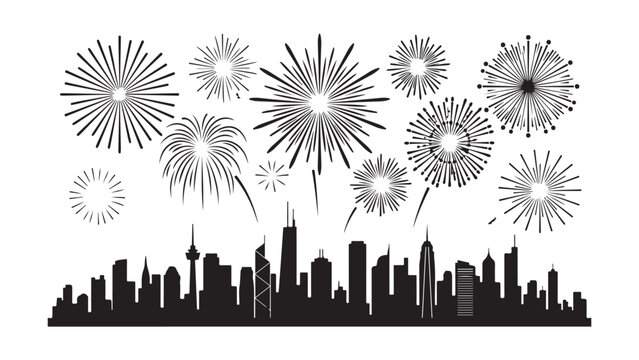 Black Silhouette of a City Skyline with Exploding Fireworks in the Night Sky