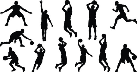 Collection of active male basketball player silhouettes in dynamic action poses isolated on white background © boishakhisarker