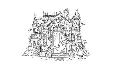 Naklejka premium Ghost butler welcoming trick or treater at mansion door line art